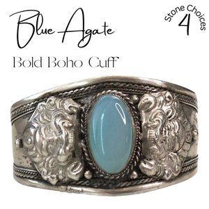🎉 HOST PICK!🎉 NWT Huge Blue Agate Stone Antiqued Silvertone Boho Cuff Bracelet